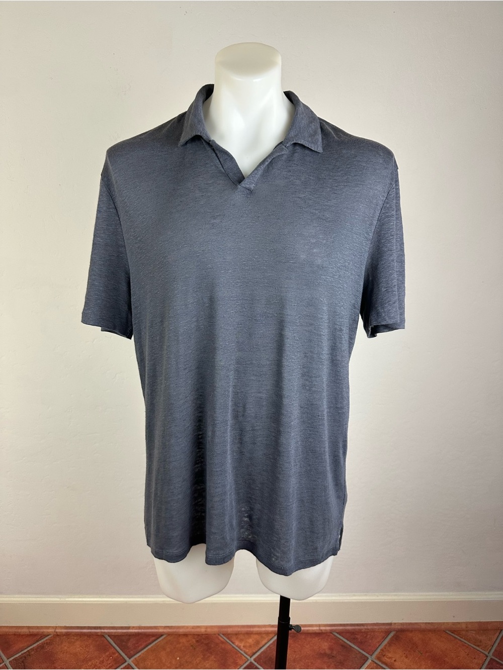 NWT Paige Men's Linen Buttonless Polo in Slate Gray
